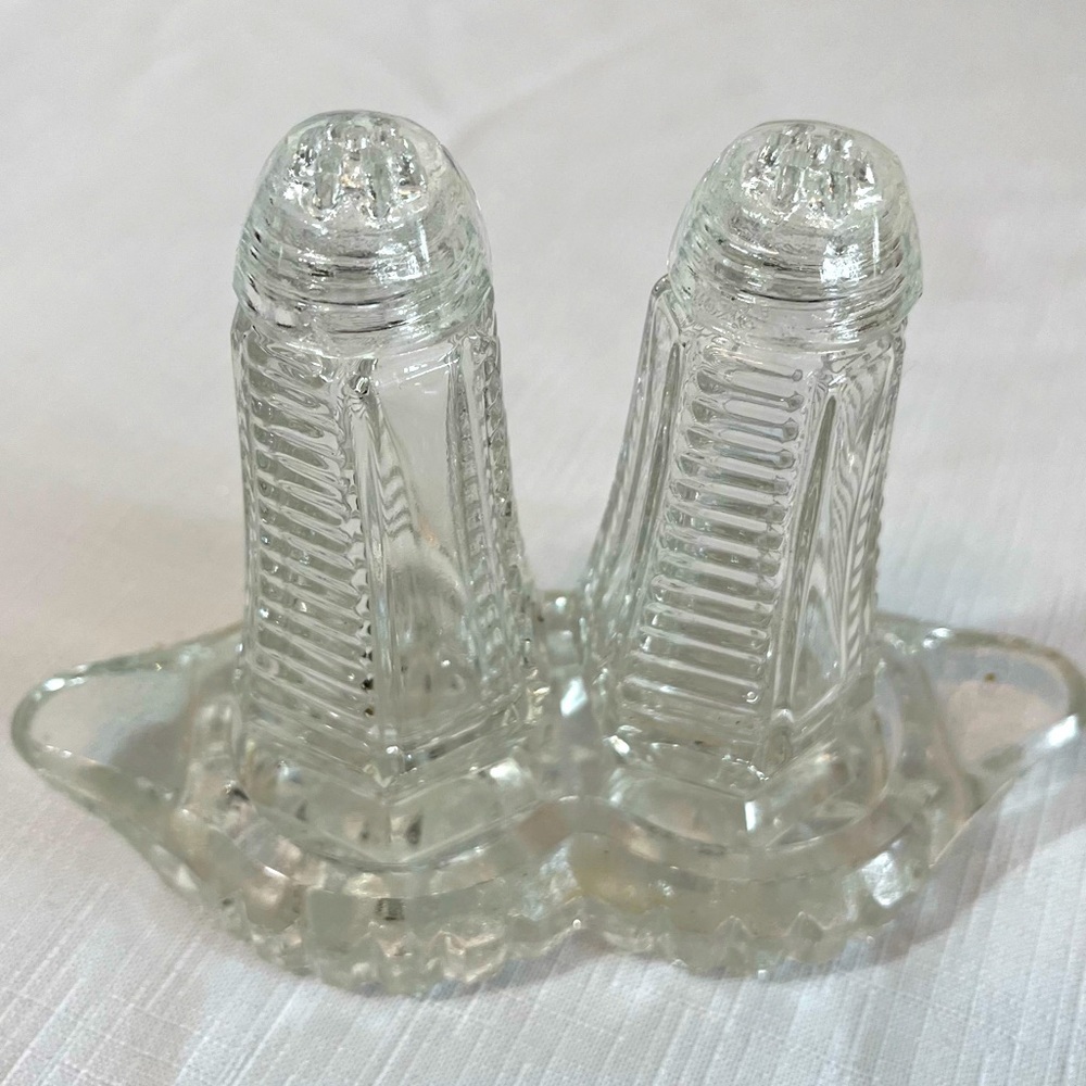 Vintage Cut Glass Salt and Pepper Shakers with tray.